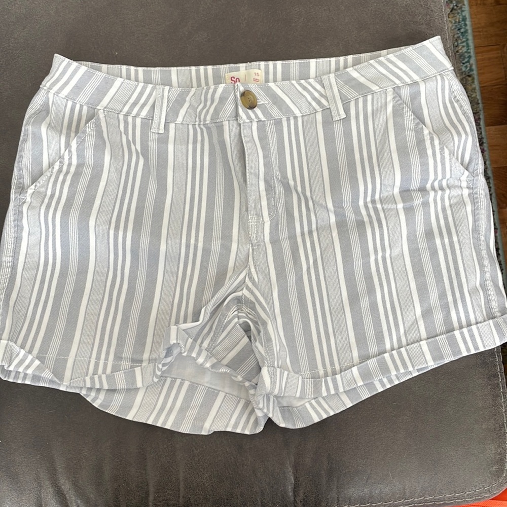 White and grey striped shorts.